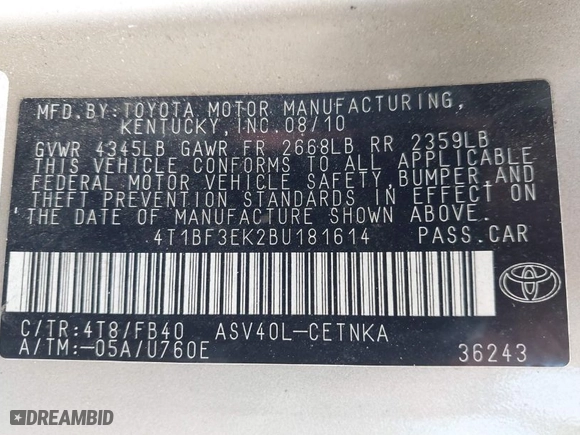 2011 Toyota Camry LE with VIN 4T1BF3EK2BU181614, listed as a IAAI auction lot 41916049 with 132,694 mi miles. Bid and sale history available at carsss.com. Image 9.
