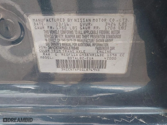 2016 Nissan Versa SV with VIN 3N1CN7AP5GL876940, listed as a IAAI auction lot 40207400 with NaN miles. Bid and sale history available at carsss.com. Image 9.