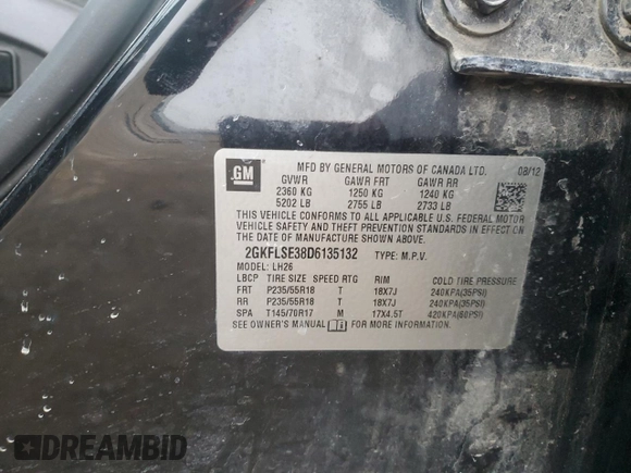 2013 GMC Terrain SLE with VIN 2GKFLSE38D6135132, listed as a Copart auction lot 89297095 with 92,720 mi miles and Salvage Title. Bid and sale history available at DreamBid. Image 14.