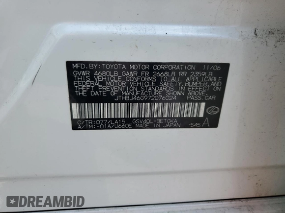 2007 Lexus ES 330 with VIN JTHBJ46G972076024, listed as a Copart auction lot 44470405 with 73,036 mi miles and Salvage Title. Bid and sale history available at DreamBid. Image 14.