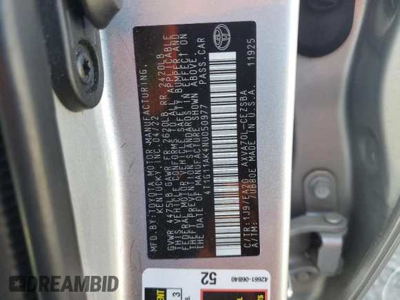2022 Toyota Camry SE z VIN 4T1G11AK4NU050977, wystawiony jako Copart lot #61466605 z przebiegiem 69 410 mil mil oraz Czysty tytuł • Clean title. Historia ofert i sprzedaży dostępna na DreamBid. Obrazek 13.