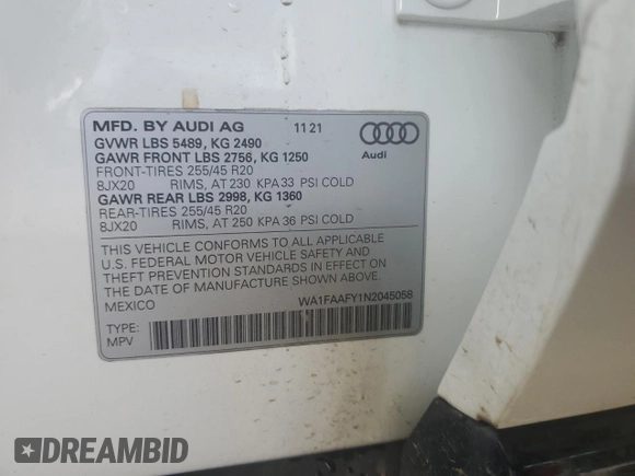 2022 Audi Q5 S line Prestige z VIN WA1FAAFY1N2045058, wystawiony jako Copart lot #58571545 z przebiegiem 67 796 mil mil oraz Szkoda całkowita • Salvage title. Historia ofert i sprzedaży dostępna na DreamBid. Obrazek 12.