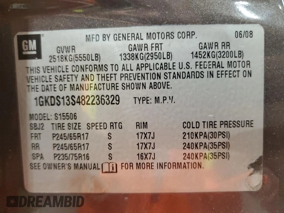 2008 GMC Envoy SLE2 with VIN 1GKDS13S482236329, listed as a Copart auction lot 87001674 with 150,807 mi miles and Salvage Title. Bid and sale history available at carsss.com. Image 12.