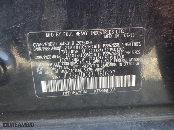 2011 Subaru Forester 2.5X Premium with VIN JF2SHADC3BH760327, listed as a Copart auction lot 48854475 with 135,057 mi miles and Salvage Title. Bid and sale history available at carsss.com. Image 13.