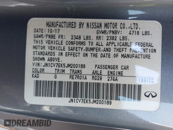 2018 Infiniti Q60 Luxe with VIN JN1CV7EK5JM200189, listed as a IAAI auction lot 41984637 with 77,315 mi miles and . Bid and sale history available at carsss.com. Image 9.
