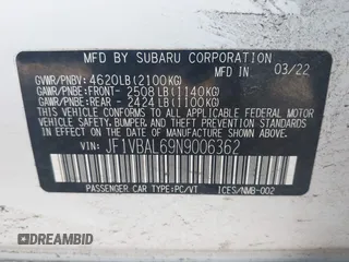 2022 Subaru WRX Limited with VIN JF1VBAL69N9006362, listed as a IAAI auction lot 41677663 with 20,471 mi miles. Bid and sale history available at carsss.com. Image 9.