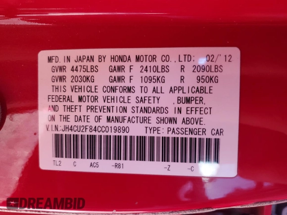 2012 Acura TSX Special Edition with VIN JH4CU2F84CC019890, listed as a Copart auction lot 49109235 with 119,655 mi miles and Salvage title. Bid and sale history available at DreamBid. Image 12.