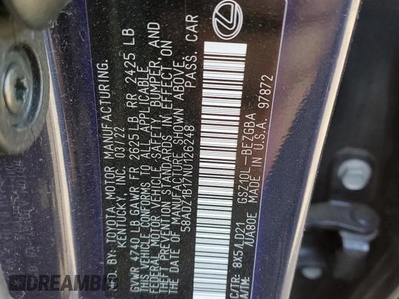 2022 Lexus ES 350 z VIN 58ADZ1B17NU126248, wystawiony jako Copart lot #48802365 z przebiegiem 24 910 mil mil oraz Szkoda całkowita • Salvage title. Historia ofert i sprzedaży dostępna na DreamBid. Obrazek 12.