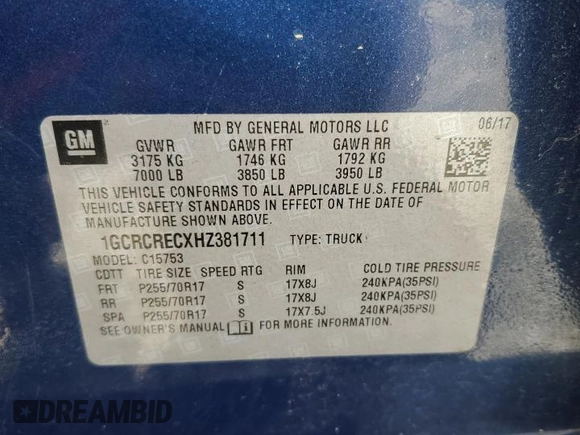 2017 Chevrolet Silverado 1500 LT with VIN 1GCRCRECXHZ381711, listed as a Copart auction lot 46194225 with 54,835 mi miles and Salvage Title. Bid and sale history available at DreamBid. Image 12.