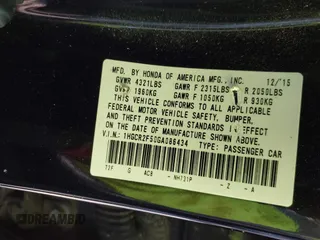 2016 Honda Accord Sport with VIN 1HGCR2F50GA086434, listed as a IAAI auction lot 42010233 with 126,597 mi miles and . Bid and sale history available at DreamBid. Image 9.