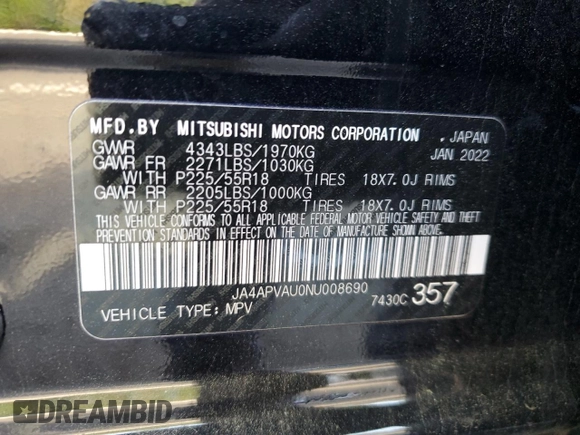 2022 Mitsubishi Outlander SE with VIN JA4APVAU0NU008690, listed as a Copart auction lot 54298035 with 43,229 mi miles and Salvage title. Bid and sale history available at DreamBid. Image 14.
