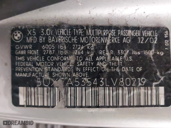 2003 BMW X5 3.0i with VIN 5UXFA53543LV80219, listed as a IAAI auction lot 41555874 with 247,481 mi miles. Bid and sale history available at carsss.com. Image 9.