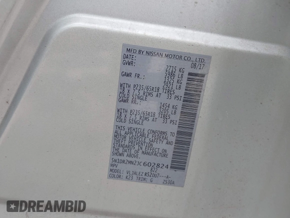 2018 Nissan Pathfinder SL with VIN 5N1DR2MN2JC602824, listed as a IAAI auction lot 42487986 with 127,955 mi miles and . Bid and sale history available at DreamBid. Image 9.
