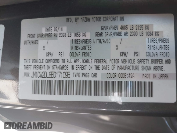 2014 Mazda 5 Grand Touring with VIN JM1CW2DL8E0171095, listed as a IAAI auction lot 41962650 with 85,048 mi miles and . Bid and sale history available at DreamBid. Image 9.
