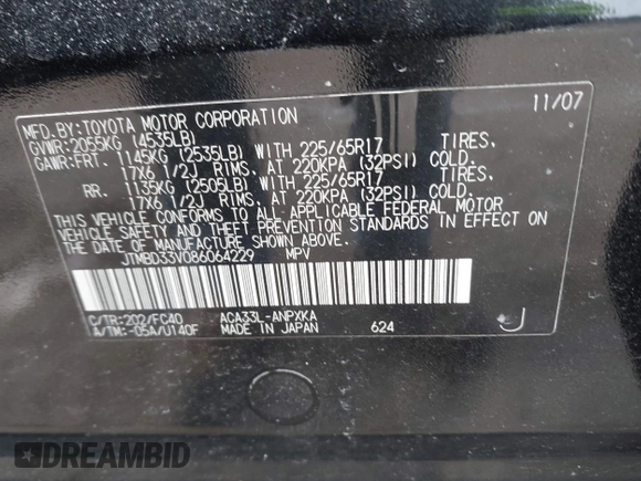 2008 Toyota RAV4 with VIN JTMBD33V086064229, listed as a IAAI auction lot 41362267 with 115,894 mi miles. Bid and sale history available at carsss.com. Image 9.