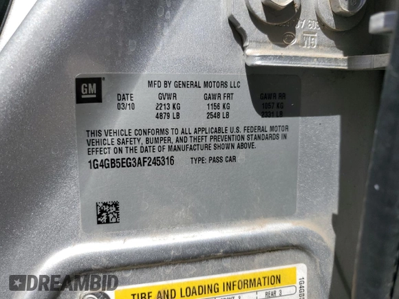 2010 Buick LaCrosse CX with VIN 1G4GB5EG3AF245316, listed as a Copart auction lot 57264315 with 72,874 mi miles and Salvage title. Bid and sale history available at DreamBid. Image 12.