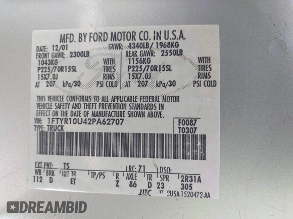 2002 Ford Ranger XL with VIN 1FTYR10U42PA62707, listed as a IAAI auction lot 41645307 with 267,824 mi miles. Bid and sale history available at carsss.com. Image 9.