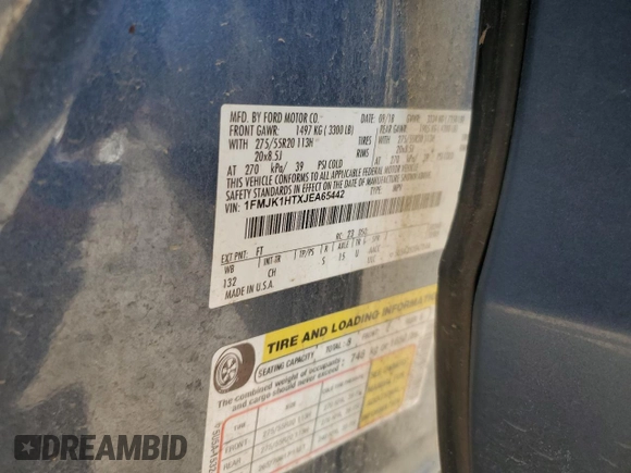 2018 Ford Expedition Max XLT with VIN 1FMJK1HTXJEA65442, listed as a Copart auction lot 50409205 with 136,100 mi miles and Salvage Title. Bid and sale history available at DreamBid. Image 14.