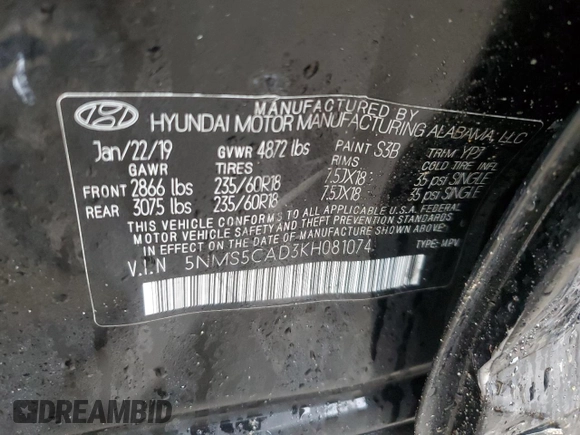 2019 Hyundai Santa Fe Limited with VIN 5NMS5CAD3KH081074, listed as a Copart auction lot 43545055 with 18,649 mi miles and Salvage Title. Bid and sale history available at carsss.com. Image 13.