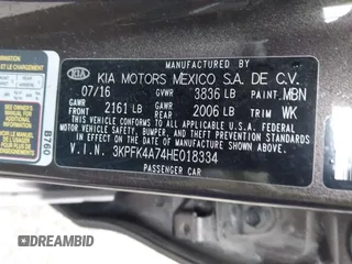 2017 Kia Forte LX with VIN 3KPFK4A74HE018334, listed as a IAAI auction lot 41867916 with 91,671 mi miles. Bid and sale history available at carsss.com. Image 9.