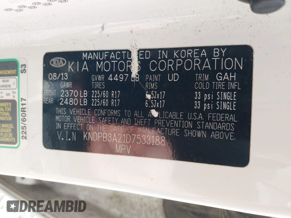 2013 Kia Sportage LX with VIN KNDPB3A21D7533188, listed as a IAAI auction lot 41789723 with 238,885 mi miles and . Bid and sale history available at DreamBid. Image 9.