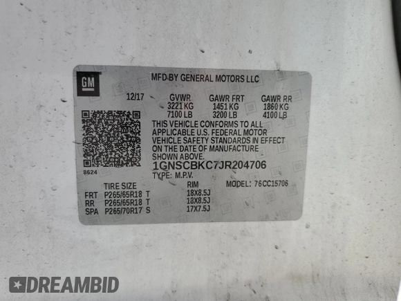 2018 Chevrolet Tahoe LT с VIN 1GNSCBKC7JR204706, выставлен на аукционе Copart как лот 62187745 с пробегом 186 885 миль миль и Чистый • Clean title. История ставок и продаж доступна на DreamBid. Изображение 13.