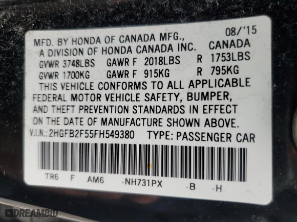 2015 Honda Civic Sedan LX with VIN 2HGFB2F55FH549380, listed as a Copart auction lot 52344955 with 91,236 mi miles and Clean Title. Bid and sale history available at carsss.com. Image 13.