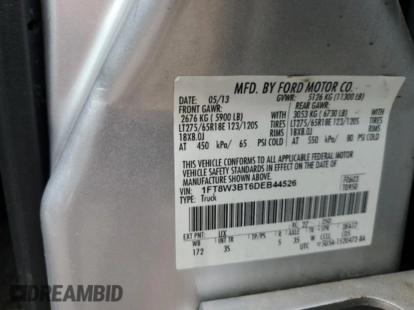 2013 Ford F-350 Platinum with VIN 1FT8W3BT6DEB44526, listed as a Copart auction lot 57637535 with 195,662 mi miles and Salvage title. Bid and sale history available at DreamBid. Image 12.