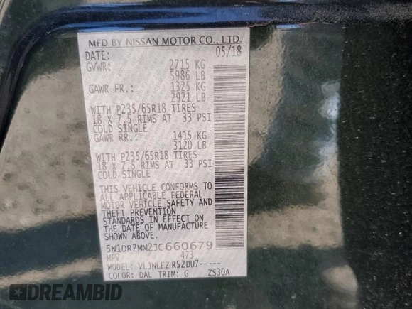2018 Nissan Pathfinder S with VIN 5N1DR2MM2JC660679, listed as a Copart auction lot 50611145 with 103,047 mi miles and Salvage title. Bid and sale history available at DreamBid. Image 14.