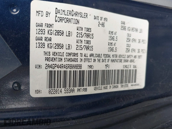 2006 Chrysler Town & Country LX with VIN 2A4GP44R46R800898, listed as a IAAI auction lot 41465720 with 215,423 mi miles and . Bid and sale history available at DreamBid. Image 9.