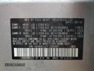 2015 Subaru Outback Limited z VIN 4S4BSELC7F3335667, wystawiony jako Copart lot #54059605 z przebiegiem Nie podano mil oraz Nie do naprawy • Non repairable. Historia ofert i sprzedaży dostępna na DreamBid. Obrazek 12.