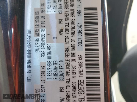 2020 Mazda 6 Sport with VIN JM1GL1UM5L1525756, listed as a Copart auction lot 46450495 with 53,741 mi miles and Salvage Title. Bid and sale history available at DreamBid. Image 12.