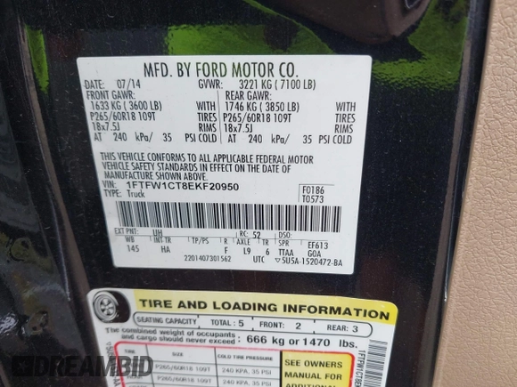 2014 Ford F-150 XL with VIN 1FTFW1CT8EKF20950, listed as a IAAI auction lot 42401205 with 120,735 mi miles and . Bid and sale history available at DreamBid. Image 9.