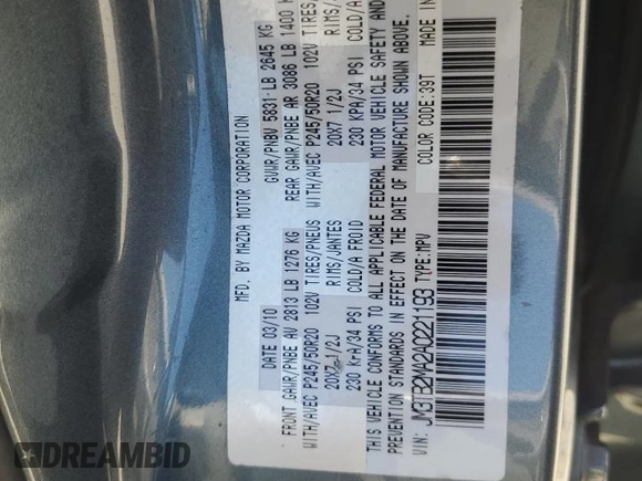 2010 Mazda CX-9 Grand Touring with VIN JM3TB2MA2A0221193, listed as a Copart auction lot 62202795 with 252,040 mi miles and Salvage title. Bid and sale history available at DreamBid. Image 12.
