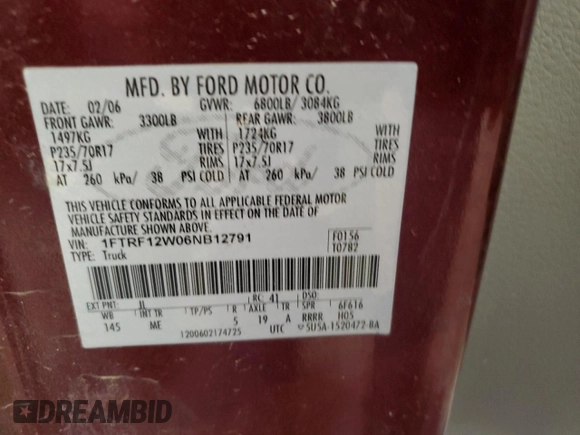 2006 Ford F-150 XL with VIN 1FTRF12W06NB12791, listed as a Copart auction lot 51218425 with 181,543 mi miles and Salvage title. Bid and sale history available at DreamBid. Image 12.