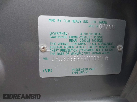 2006 Subaru Forester X with VIN JF1SG63646H704774, listed as a IAAI auction lot 42364164 with 161,124 mi miles and . Bid and sale history available at DreamBid. Image 9.