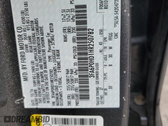 2017 Ford Fusion SE with VIN 3FA6P0HD1HR250782, listed as a Copart auction lot 52868415 with 74,693 mi miles and Clean Title. Bid and sale history available at carsss.com. Image 12.