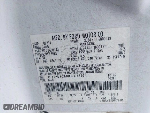 2011 Ford F-150 XL with VIN 1FTEW1CM0BFC15564, listed as a IAAI auction lot 41710176 with 143,554 mi miles and . Bid and sale history available at DreamBid. Image 9.