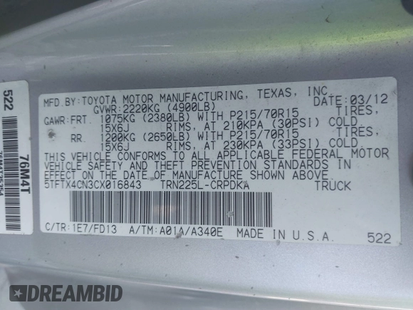 2012 Toyota Tacoma with VIN 5TFTX4CN3CX016843, listed as a IAAI auction lot 41359541 with 94,192 mi miles and . Bid and sale history available at DreamBid. Image 9.