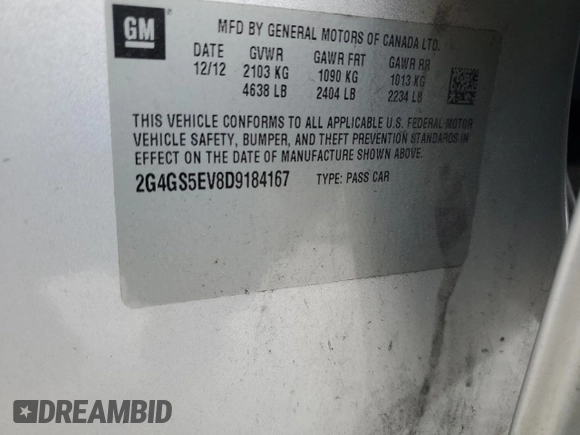 2013 Buick Regal Turbo Premium 1 with VIN 2G4GS5EV8D9184167, listed as a Copart auction lot 60922975 with 174,914 mi miles and Non repairable. Bid and sale history available at DreamBid. Image 12.