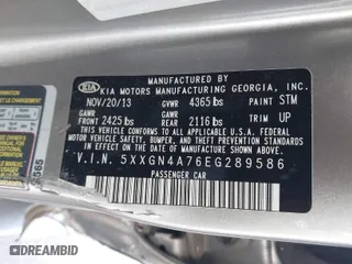 2014 Kia Optima EX with VIN 5XXGN4A76EG289586, listed as a IAAI auction lot 41536459 with 65,739 mi miles. Bid and sale history available at carsss.com. Image 9.