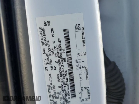 2015 Ford F-150 XL with VIN 1FTEW1CG6FKD17068, listed as a Copart auction lot 56989975 with 170,606 mi miles and Salvage title. Bid and sale history available at DreamBid. Image 12.