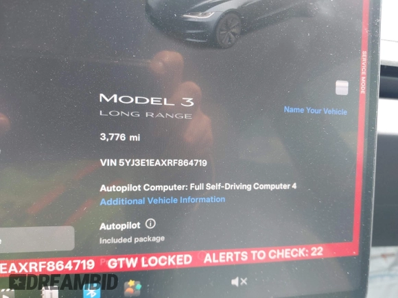 2024 Tesla Model 3 z VIN 5YJ3E1EAXRF864719, wystawiony jako IAAI lot #42129944 z przebiegiem 3 776 mil mil oraz . Historia ofert i sprzedaży dostępna na DreamBid. Obrazek 7.