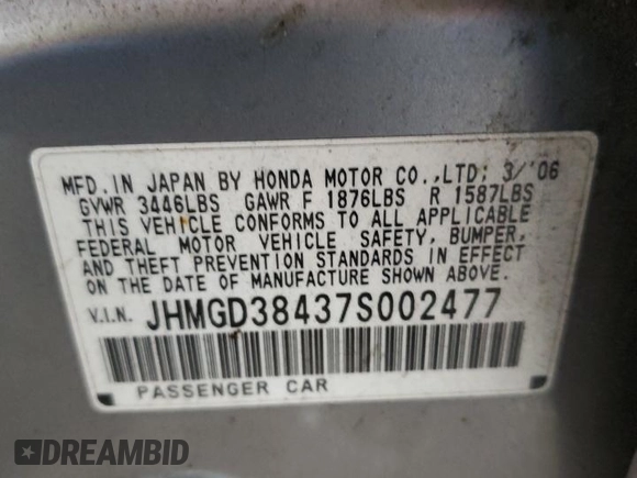 2007 Honda Fit with VIN JHMGD38437S002477, listed as a Copart auction lot 72065034 with 59,192 mi miles and Salvage Title. Bid and sale history available at carsss.com. Image 12.
