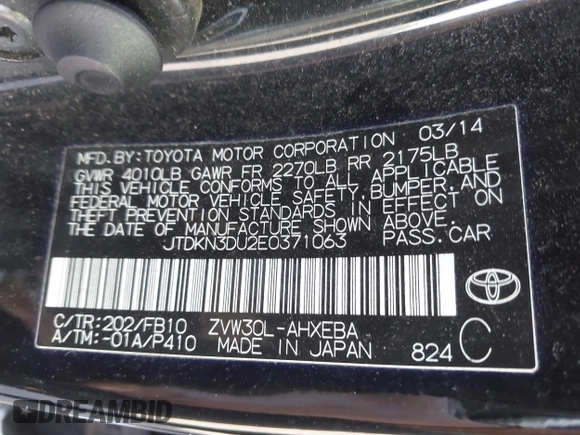 2014 Toyota Prius Four with VIN JTDKN3DU2E0371063, listed as a IAAI auction lot 42041748 with 244,536 mi miles and . Bid and sale history available at carsss.com. Image 9.