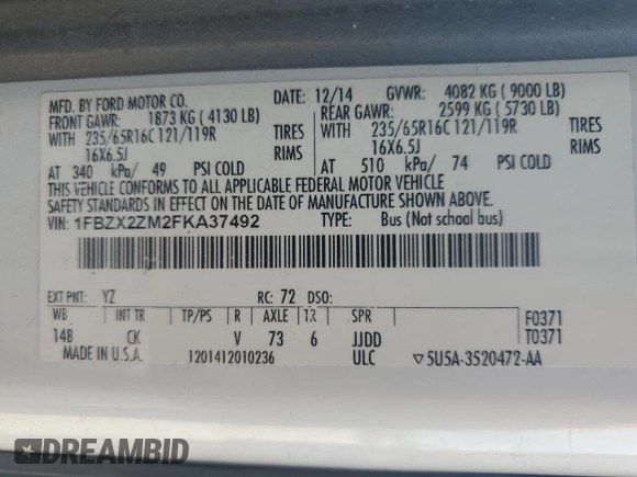 2015 Ford Transit XL with VIN 1FBZX2ZM2FKA37492, listed as a Copart auction lot 54430115 with 108,934 mi miles and Clean Title. Bid and sale history available at DreamBid. Image 13.