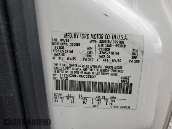 1999 Ford F-250 XL with VIN 1FTNX20L7XEC25827, listed as a Copart auction lot 44759535 with 174,119 mi miles and Salvage title. Bid and sale history available at DreamBid. Image 15.