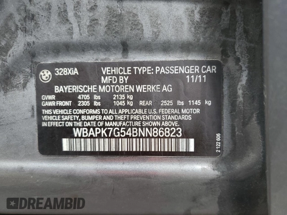 2011 BMW 3 Series 328i xDrive z VIN WBAPK7G54BNN86823, wystawiony jako Copart lot #55801365 z przebiegiem 149 328 mil mil oraz Szkoda całkowita • Salvage title. Historia ofert i sprzedaży dostępna na DreamBid. Obrazek 12.