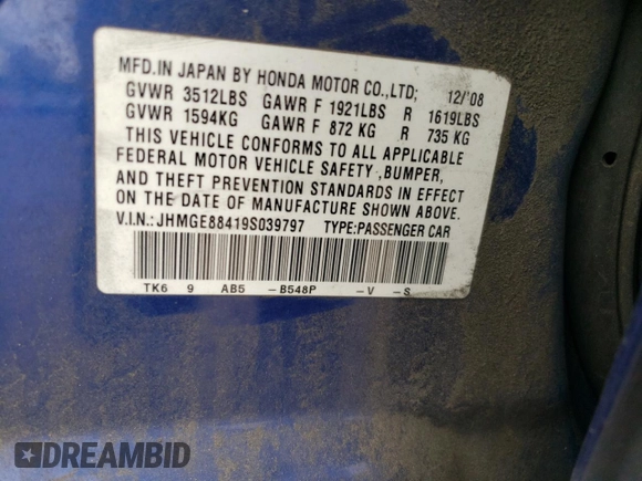2009 Honda Fit Sport z VIN JHMGE88419S039797, wystawiony jako Copart lot #56866245 z przebiegiem 162 896 mil mil oraz Szkoda całkowita • Salvage title. Historia ofert i sprzedaży dostępna na DreamBid. Obrazek 12.