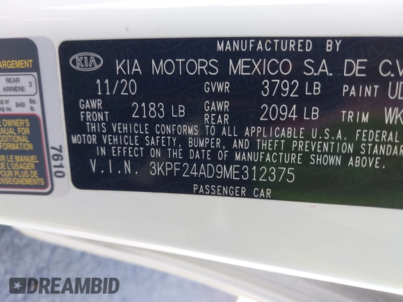 2021 Kia Forte LXS с VIN 3KPF24AD9ME312375, выставлен на аукционе IAAI как лот 41525460 с пробегом 64 280 миль миль и . История ставок и продаж доступна на DreamBid. Изображение 9.